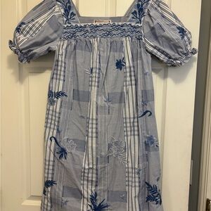 Johnny Was Blue and White Smocked Puff Sleeve Dress